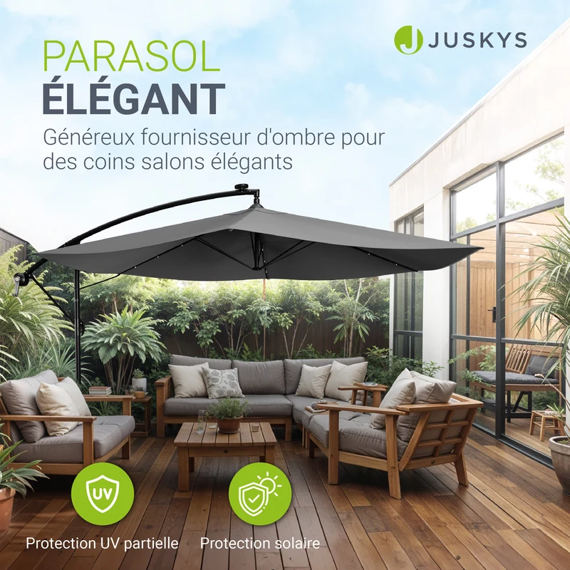 Parasol déporté à LED Brazil – avec manivelle et socle