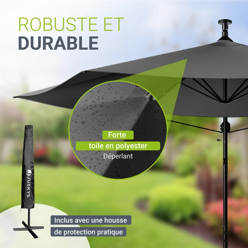 Parasol déporté à LED Brazil – avec manivelle et socle