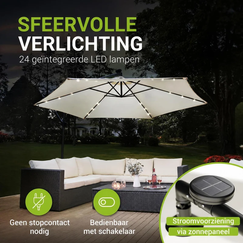 Parasol déporté à LED Brazil – avec manivelle et socle
