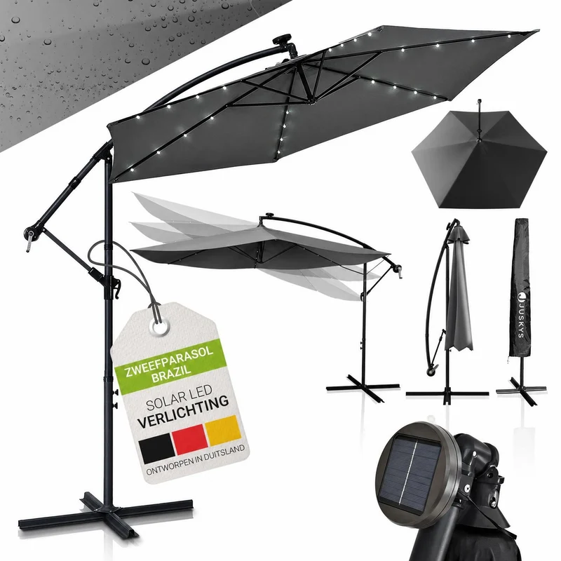 Parasol déporté à LED Brazil – avec manivelle et socle