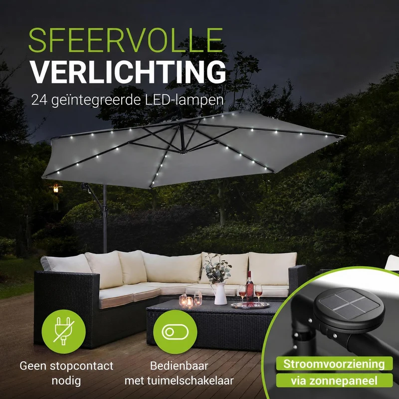 Parasol déporté à LED Brazil – avec manivelle et socle