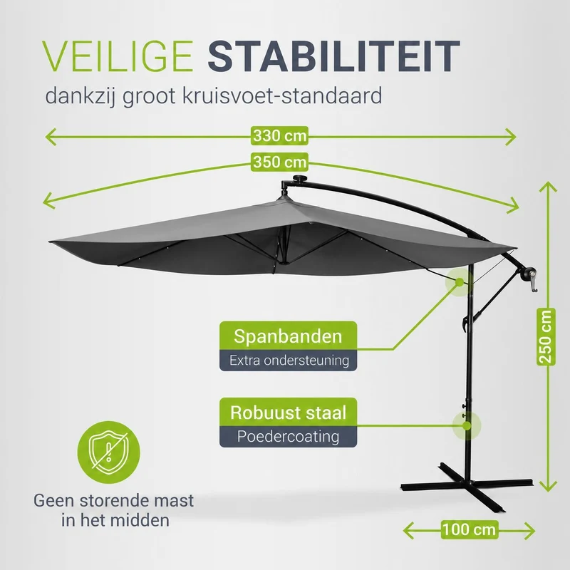 Parasol déporté à LED Brazil – avec manivelle et socle