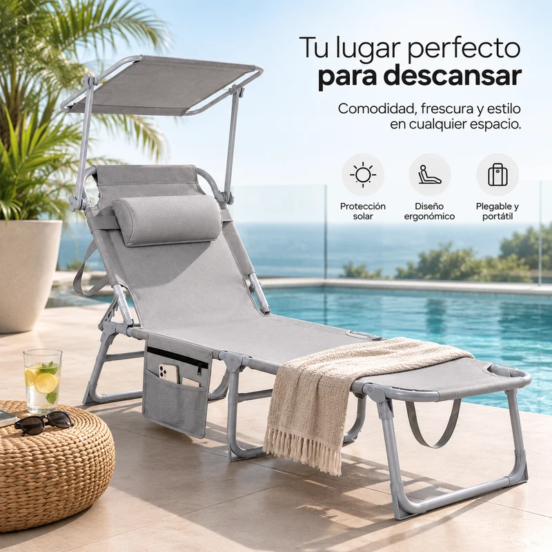 Pack 2 Tumbonas Plegables Con Parasol Ajustable Para Jardín Y Playa