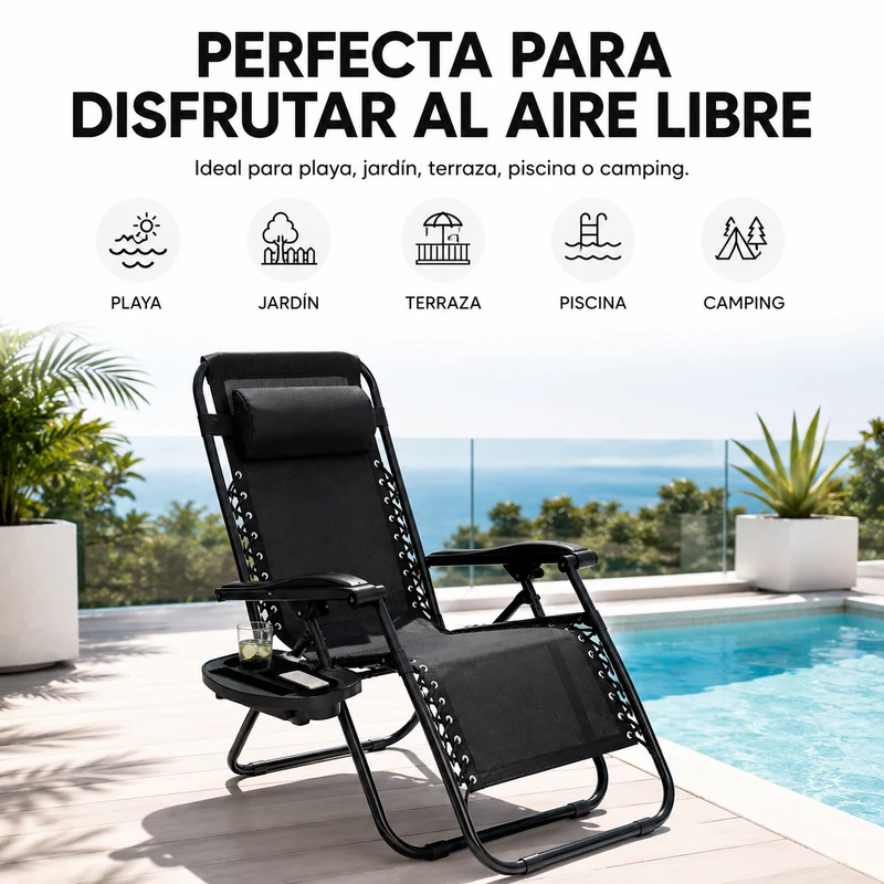 Pack 2 Tumbonas Plegables Playa Negra Con Portavasos