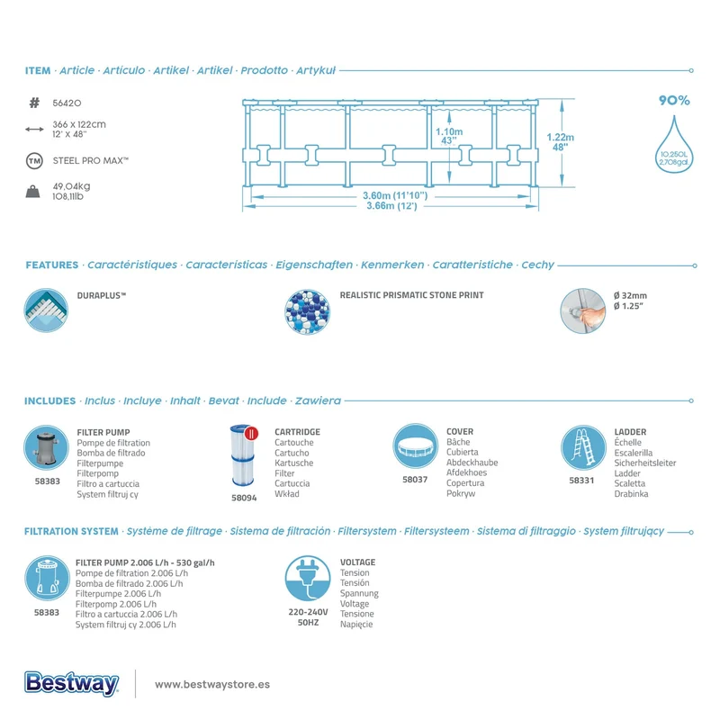 Bestway – Steel Pro Max piscina desmontable circular (366 × 122 cm)