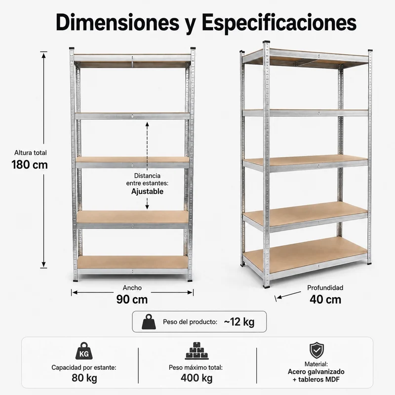 Pack 2 Estanterías Metálicas Galvanizadas 180x90x40 cm 5 Baldas Reforzadas
