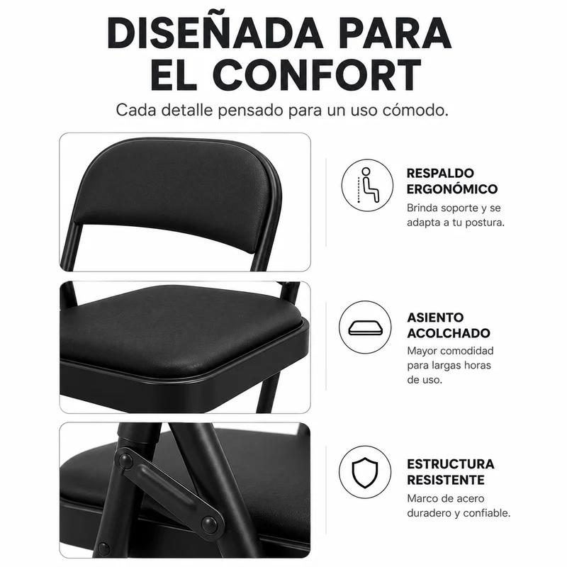 Pack 6 Sillas Plegables Acolchada De Acero Negro