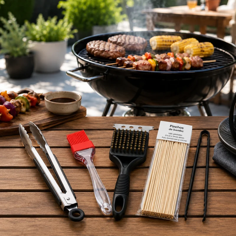 Set Profesional Utensilios Barbacoa 5 Piezas Inoxidable Mangos Silicona