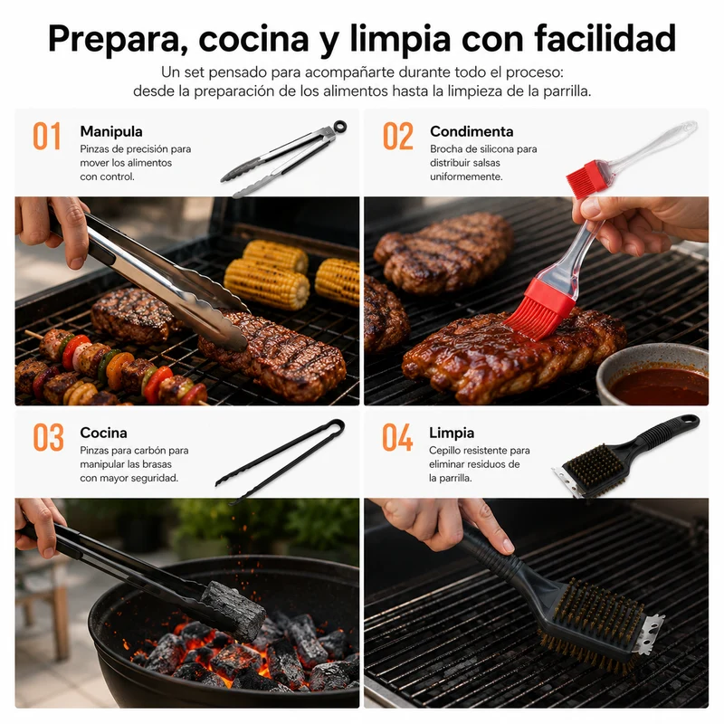 Set Profesional Utensilios Barbacoa 5 Piezas Inoxidable Mangos Silicona