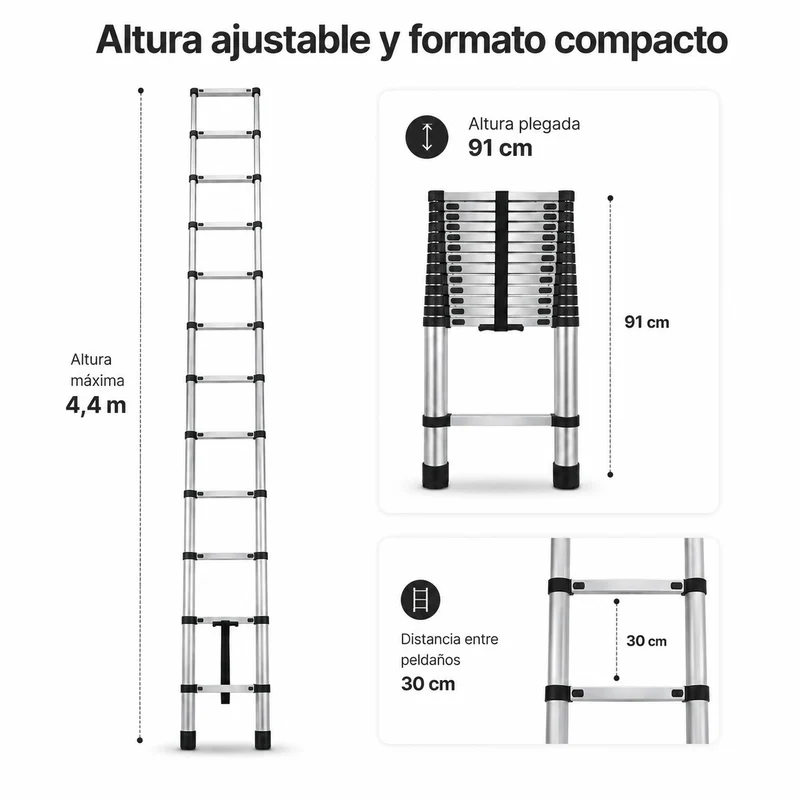 Escalera Telescópica Plegable De Aluminio 4,4 M Antideslizante