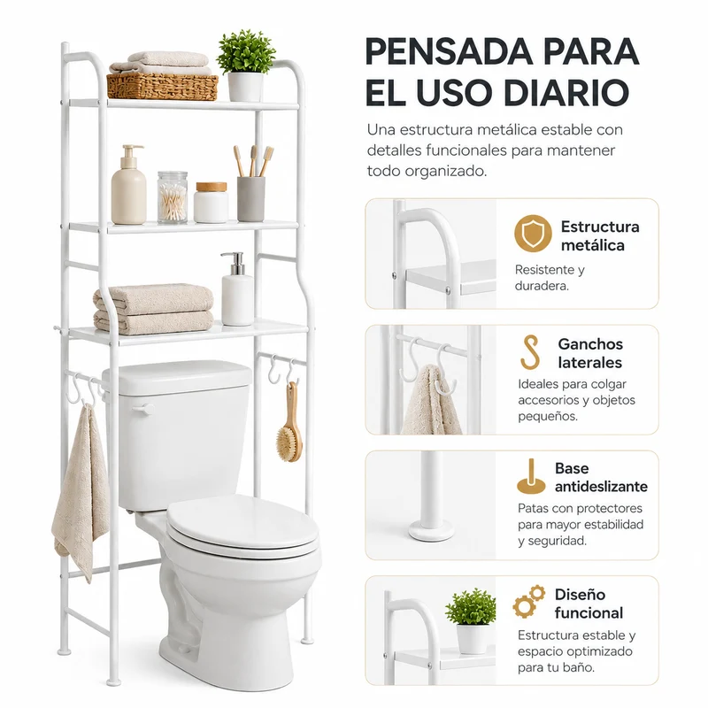 Estantería Sobre Inodoro De 3 Niveles Con Ganchos