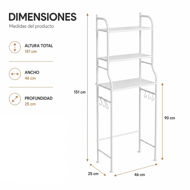 Estantería Sobre Inodoro De 3 Niveles Con Ganchos