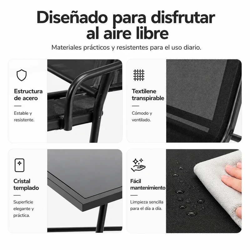 Conjunto de Jardín Acero Textilene 4 Piezas Mesa Cristal