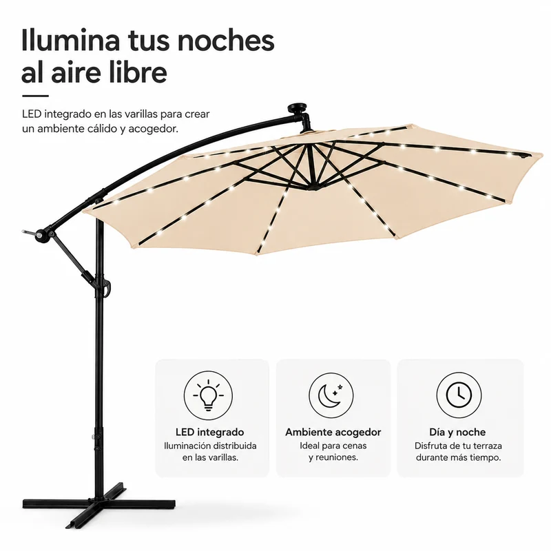 Sombrilla 3 metros beige Lateral Con Iluminación Led Y Inclinación 360°