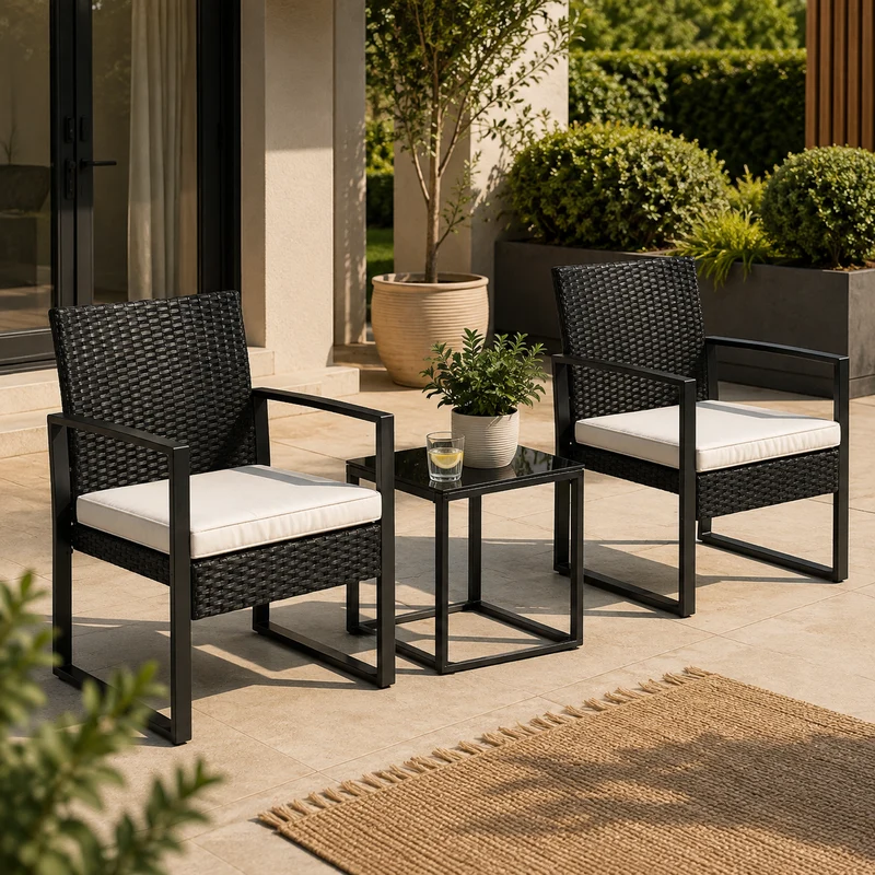 Conjunto De Jardín Exterior Ratán PE 3 Piezas Con Cojines Acolchados