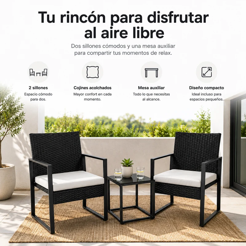 Conjunto De Jardín Exterior Ratán PE 3 Piezas Con Cojines Acolchados