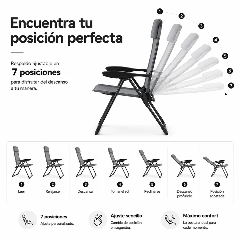 Pack de 2 Sillas Plegables Reclinables 7 Posiciones Respaldo Alto Exterior