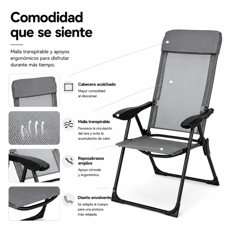 Pack de 2 Sillas Plegables Reclinables 7 Posiciones Respaldo Alto Exterior