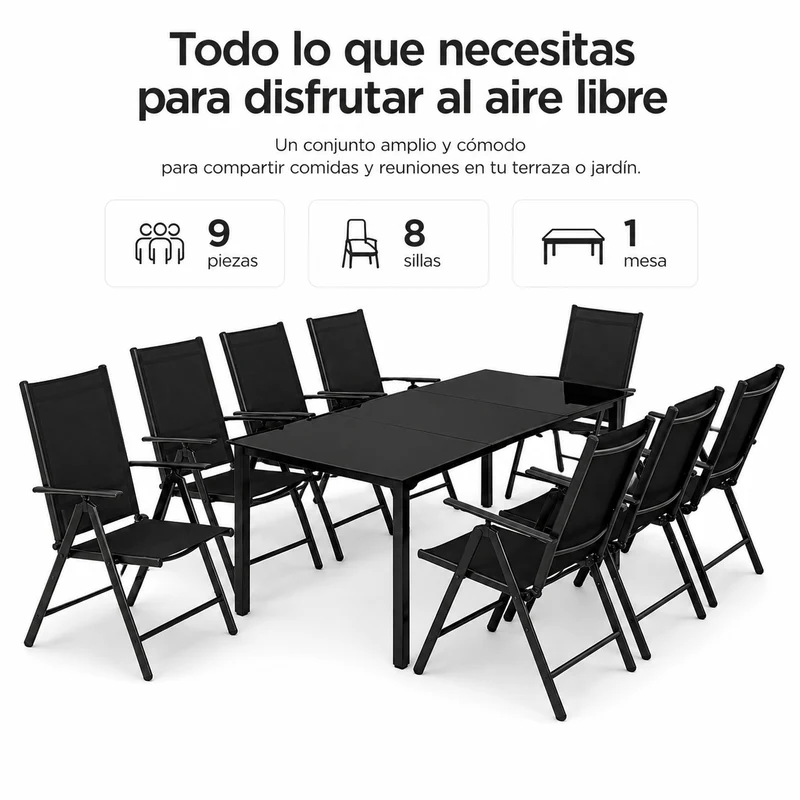 Conjunto Jardín Aluminio Recubierto 9 Piezas Mesa Vidrio