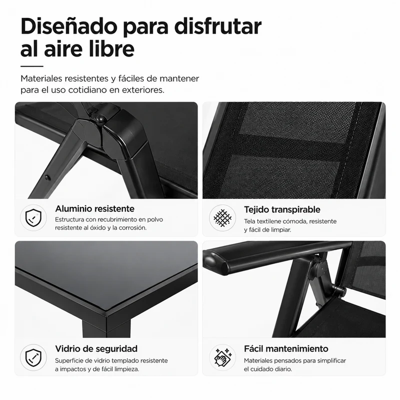 Conjunto Jardín Aluminio Recubierto 9 Piezas Mesa Vidrio