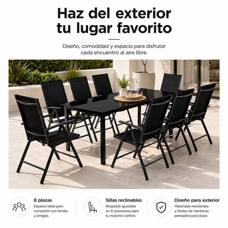 Conjunto Jardín Aluminio Recubierto 9 Piezas Mesa Vidrio