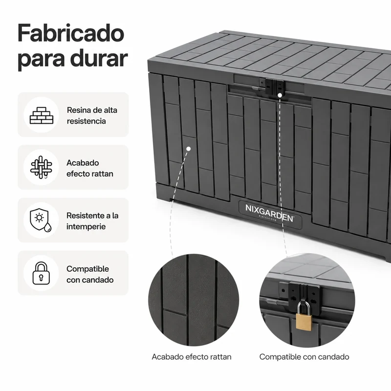 Arcón Jardín Antracita Resina Resistente Efecto Rattan Impermeable