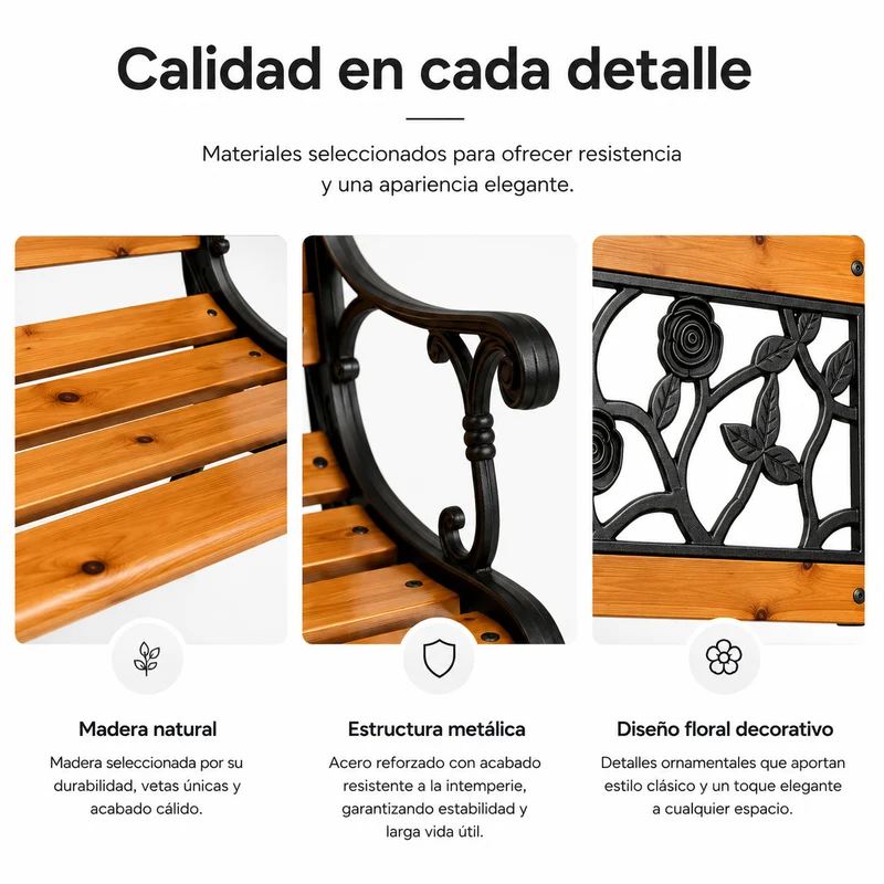 Banco de Jardín de Madera y Metal con Respaldo Floral Decorativo