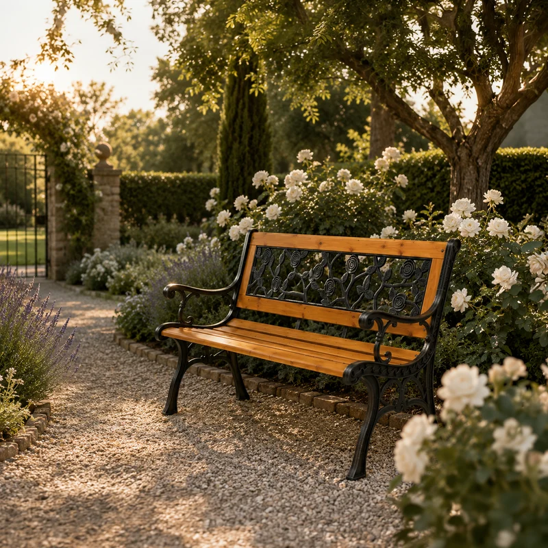 Banco de Jardín de Madera y Metal con Respaldo Floral Decorativo