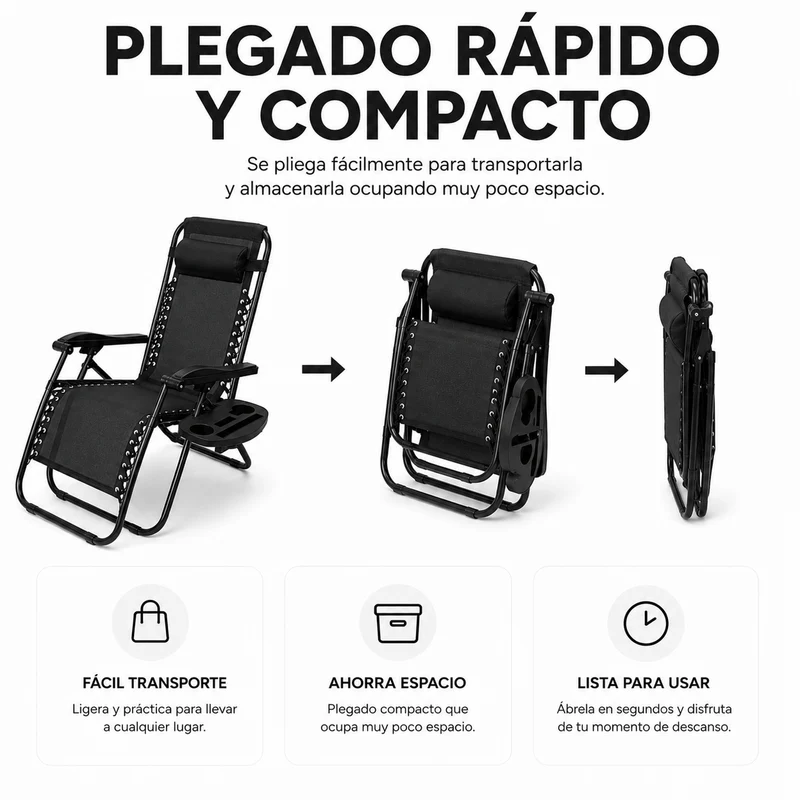 Tumbona Plegable Playa Negra Con Portavasos