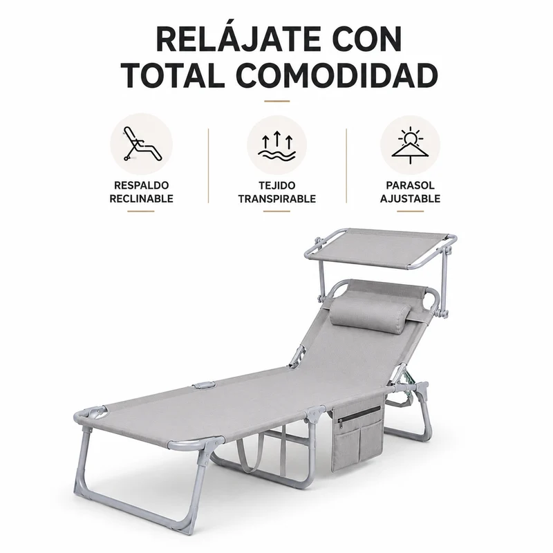 Tumbona Plegable Con Parasol Ajustable Para Jardín Y Playa