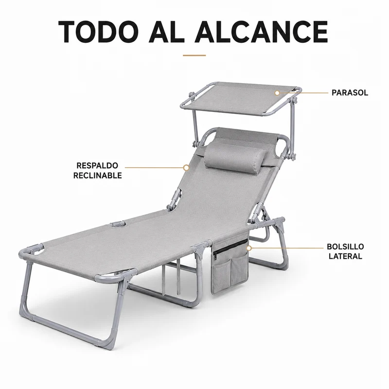 Tumbona Plegable Con Parasol Ajustable Para Jardín Y Playa