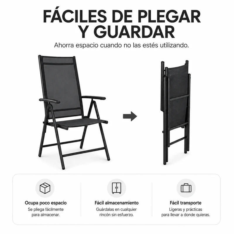 Sillas Plegables De Jardín Pack De 2 Aluminio Antracita Con Asiento Textil