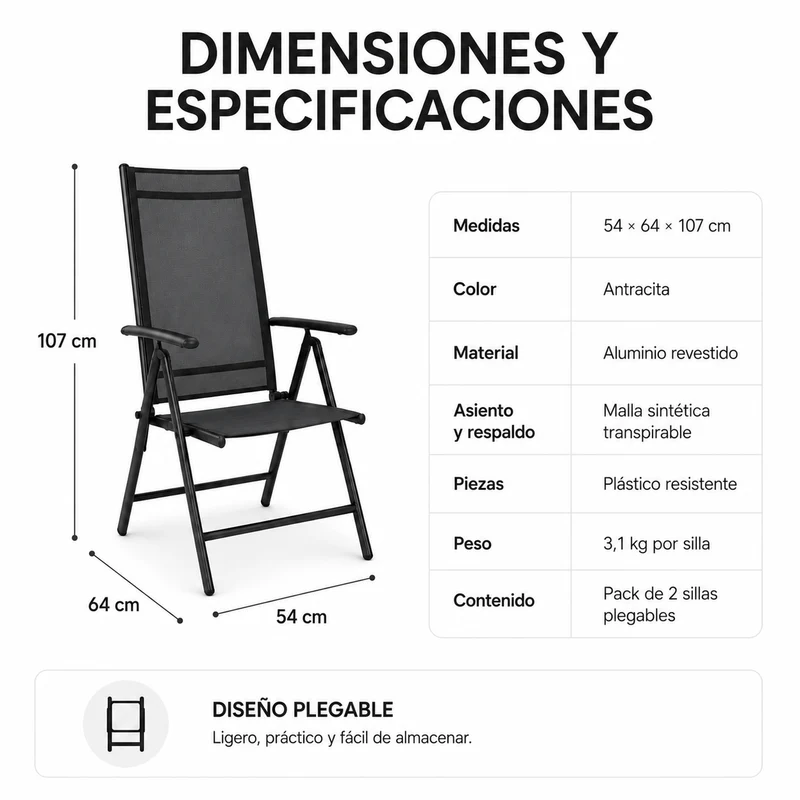 Sillas Plegables De Jardín Pack De 2 Aluminio Antracita Con Asiento Textil