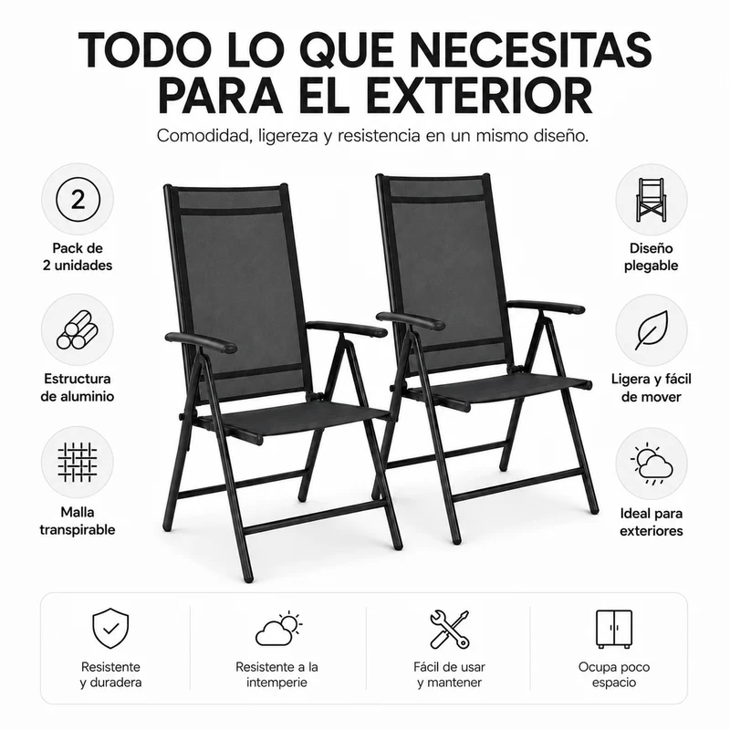 Sillas Plegables De Jardín Pack De 2 Aluminio Antracita Con Asiento Textil