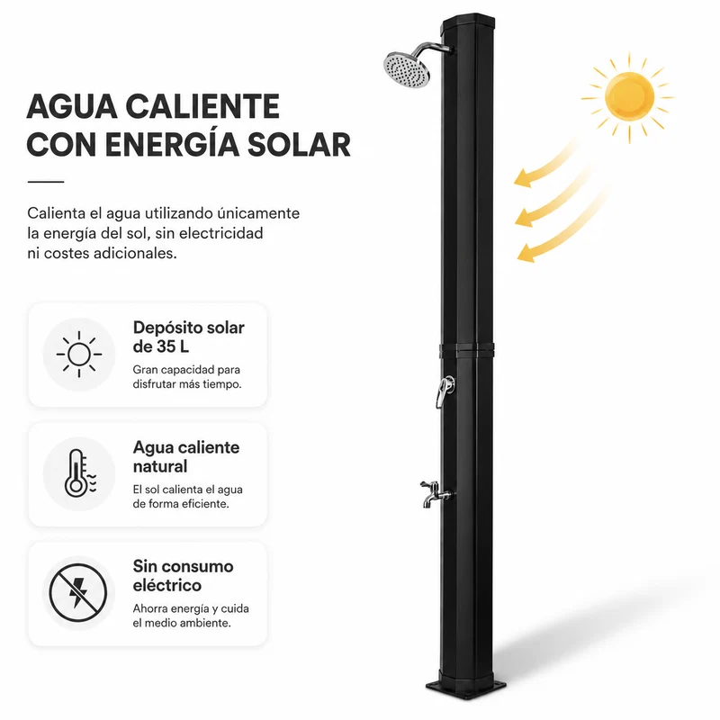 Ducha solar exterior 35L jardín y piscina con grifo lavapiés y rociador negro/plata