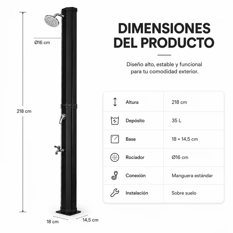 Ducha solar exterior 35L jardín y piscina con grifo lavapiés y rociador negro/plata