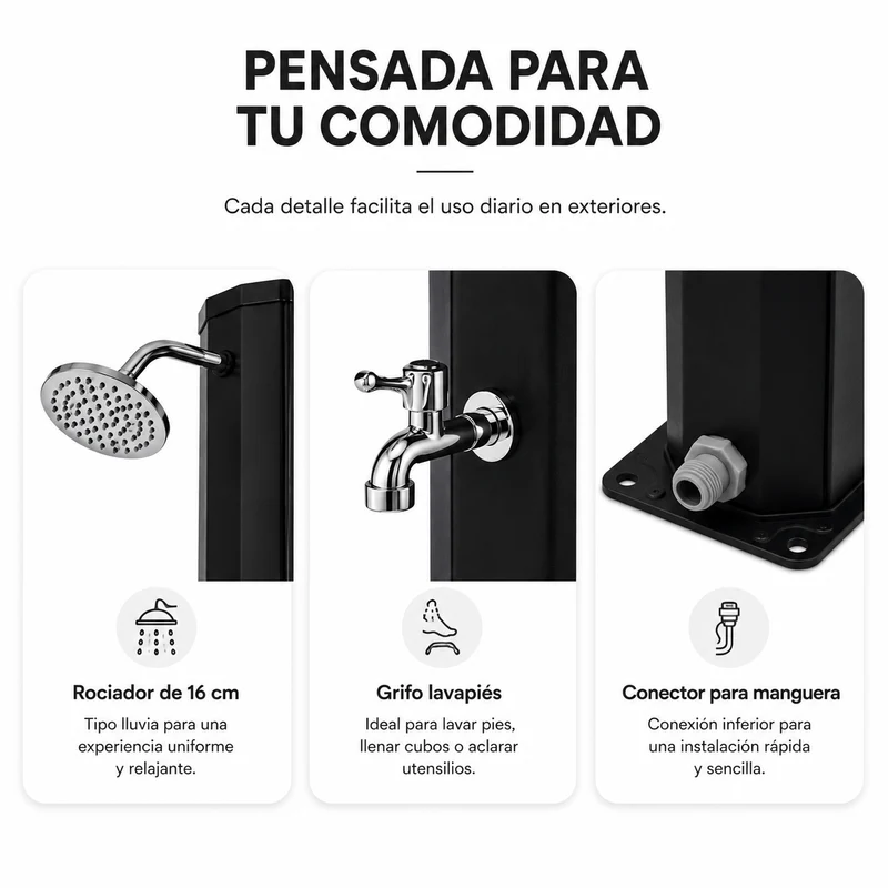 Ducha solar exterior 35L jardín y piscina con grifo lavapiés y rociador negro/plata