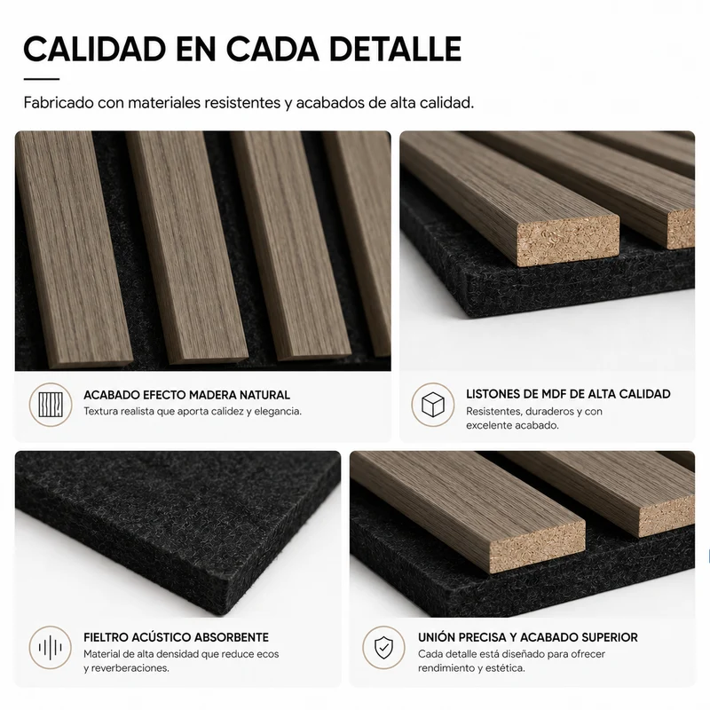 Panel acústico decorativo MDF efecto madera con fieltro 120x60 cm Pack 4