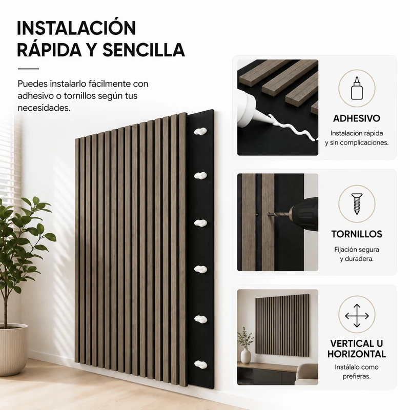 Panel acústico decorativo MDF efecto madera con fieltro 120x60 cm Pack 4