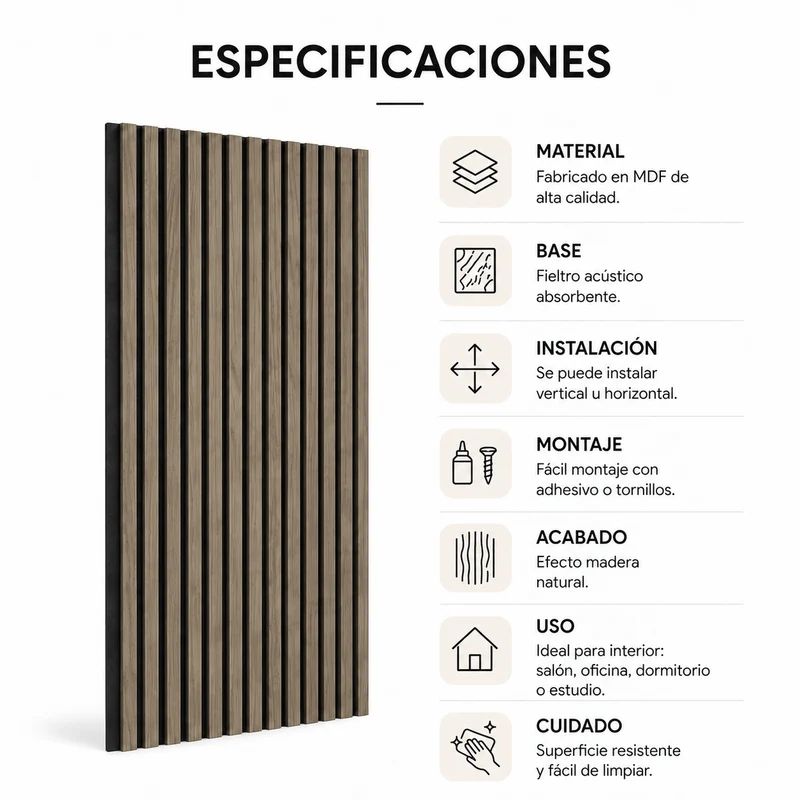 Panel acústico decorativo MDF efecto madera con fieltro 120x60 cm Pack 4