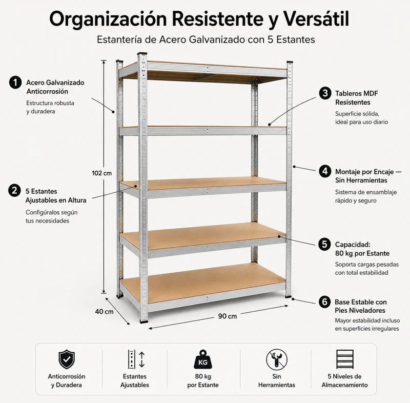 Estantería Metálica Galvanizada 180x90x40 cm 5 Baldas Reforzadas