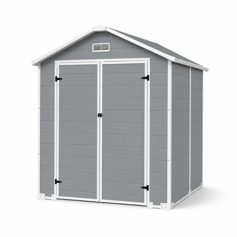 Caseta de jardín grande de resina 6x4" con doble puerta, ventana y ventilación integrada