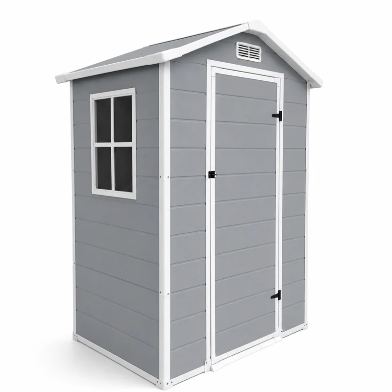 Caseta de jardín de resina 4x3" para exterior con ventana, ventilación y cierre de seguridad