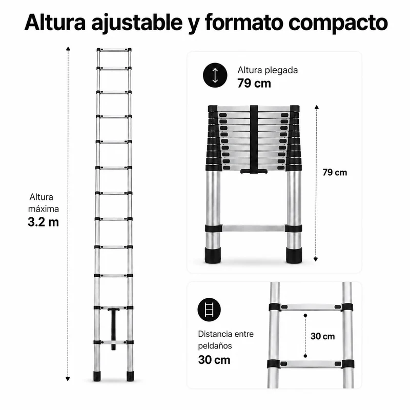 Escalera Telescópica Plegable 3,2 m Peldaños Antideslizantes