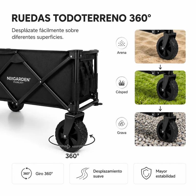 Carro plegable XXL todoterreno 150 kg 91×51×64 cm Oxford 600D 100L playa jardín camping