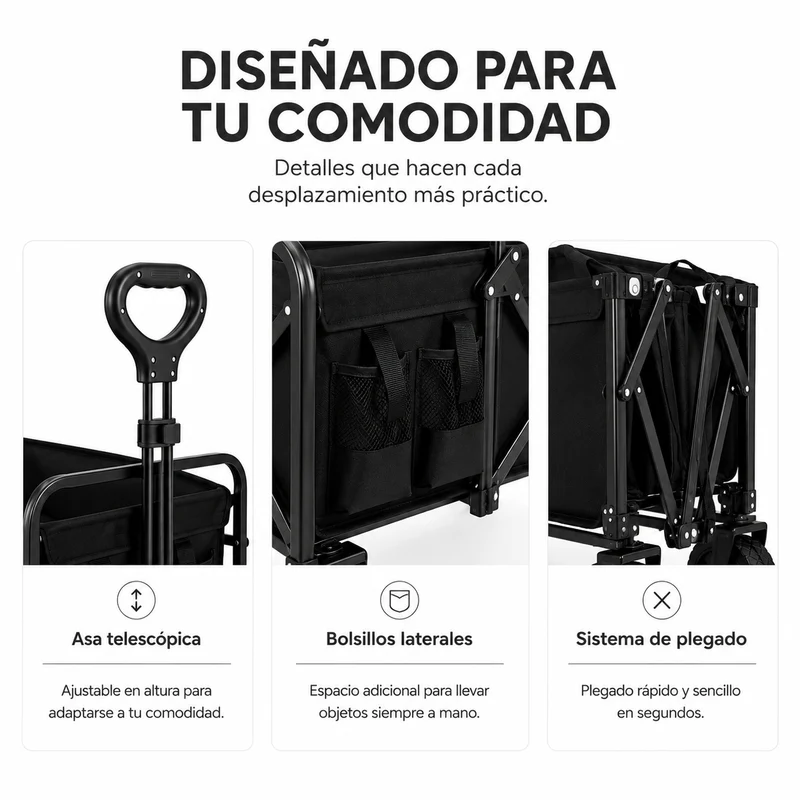 Carro plegable XXL todoterreno 150 kg 91×51×64 cm Oxford 600D 100L playa jardín camping