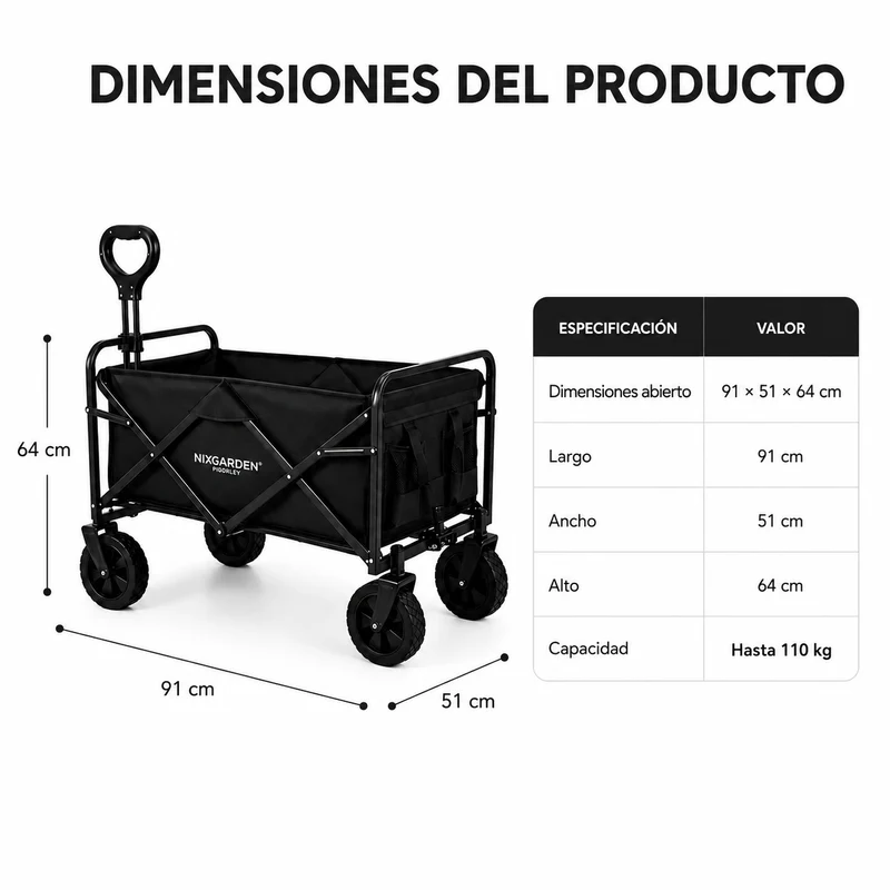 Carro plegable XXL todoterreno 150 kg 91×51×64 cm Oxford 600D 100L playa jardín camping