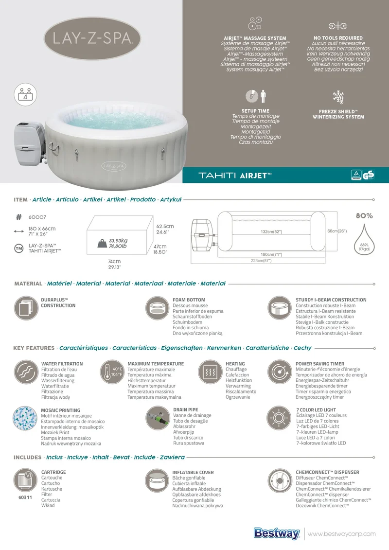 Lay-Z-Spa Tahiti AirJet opblaasbare spa, 4 persoons