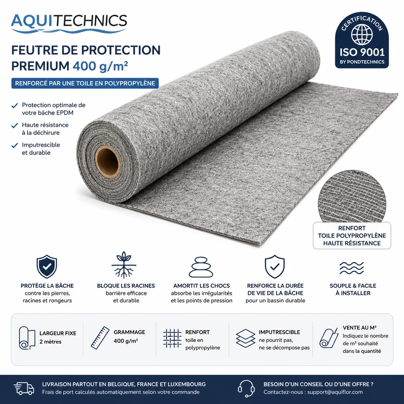 Feutre Aquitechnics Premium 400G/M² (vendu par m²) - Feutre de protection pour étang (Feutrine pour bâche en EPDM ou en PVC) - Largeur 2M