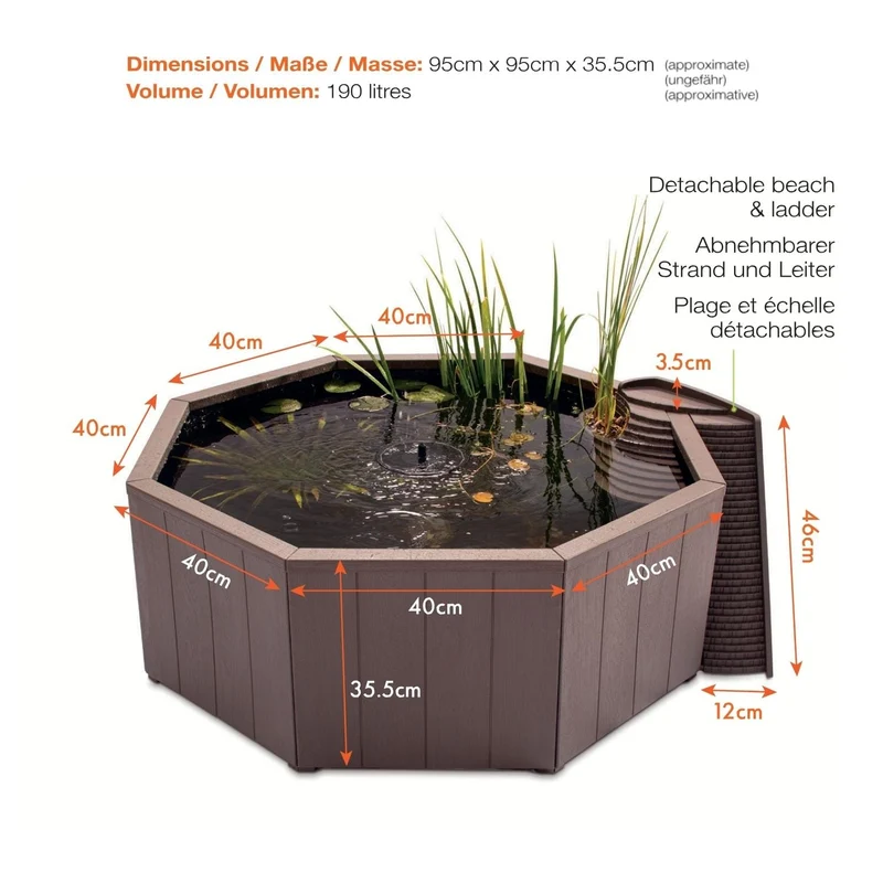 Bassin hors sol de 190L - Kit complet avec jet d'eau solaire & bac de plante + échelle à grenouille - Aquigarden